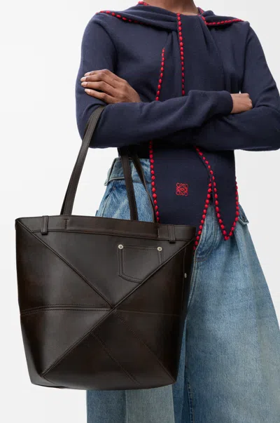 Loewe Panta Medium Puzzle Fold Tote In Shiny Leather Skin For Woman In Brown