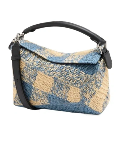 LOEWE SMALL PUZZLE EDGE BAG IN RAFFIA AND CALFSKIN