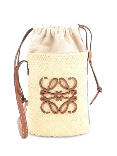 Pre-owned Loewe Paula's Ibiza Anagram Bucket Bag Woven Raffia With Leather Crossbody Bag In Neutrals