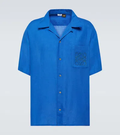 Loewe Paula's Ibiza Convertible-collar Logo-embroidered Linen Shirt In Blue