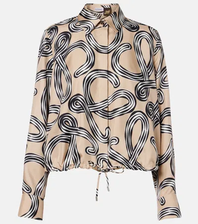 Loewe Silk Twill Balloon Shirt With Anagram Print And Drawstring Hem In Neutral