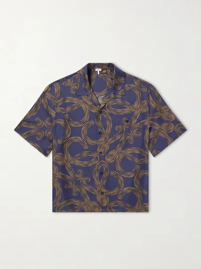 Loewe Short-sleeved Silk Twill Shirt With All-over Anagram Print In Blue