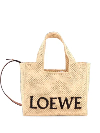 Pre-owned Loewe Paula's Ibiza Logo Convertible Raffia Small Tote Bag In Neutrals