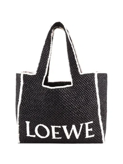 Pre-owned Loewe Paula's Ibiza Logo Raffia Large Tote Bag In Black