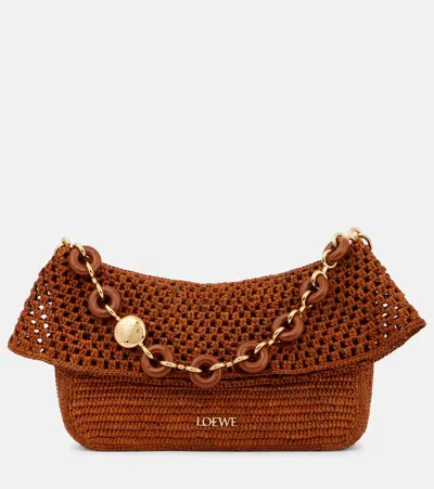 Loewe Ola Hobo Medium Bag In Raffia And Calfskin In Gold