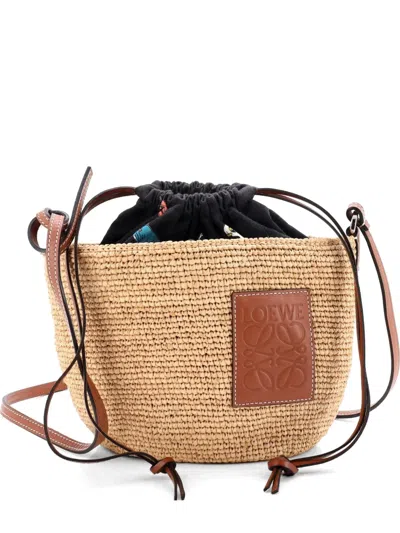 Pre-owned Loewe Paula's Ibiza Pochette Woven Raffia And Leather With Printed Canvas Crossbody Bag In Brown