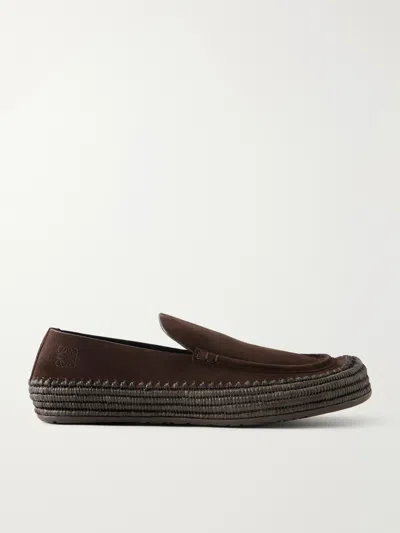 Loewe Rio Braided-sole Suede Loafers In Burgundy