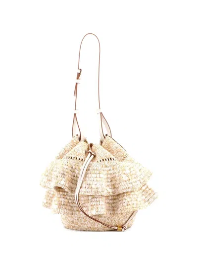 Pre-owned Loewe Paula's Ibiza Ruffle Balloon Raffia With Sequins Bucket Bag In Neutral