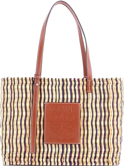 Pre-owned Loewe Paula's Ibiza Square Basket Woven Reed With Leather Small Tote Bag In Neutral