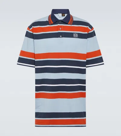Loewe Paula's Ibiza Striped Cotton And Linen-blend Piqué Polo Shirt In Sienna Natural Navy