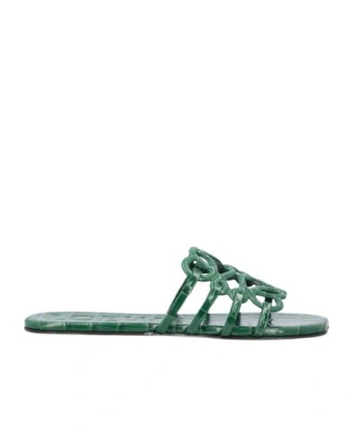 Loewe Petal Anagram Slide In Croc-embossed Calfskin In Green