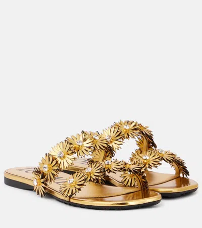 Loewe Petal Flower Metallic Leather Sandals In Gold