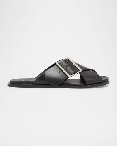 LOEWE PETAL LEATHER CRISSCROSS BUCKLE SLIDE SANDALS