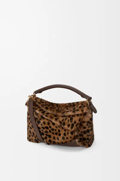 Loewe Puzzle Edge Small Leather-trimmed Leopard-print Shearling Shoulder Bag In Animal Print