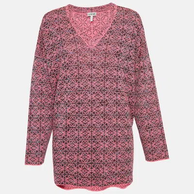 Pre-owned Loewe Pink Anagram Knit V-neck Oversized Sweater Xs