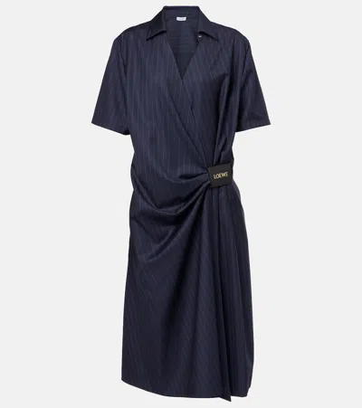 Loewe Pinstripe Gathered Wool Wrap Dress In Blue