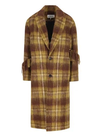 Loewe Plaid Fringed Coat In Brown