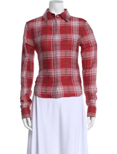 Pre-owned Loewe Plaid Print Long Sleeve Button-up Top Plaid Print Blouse In Red
