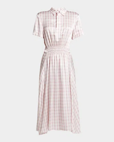 Loewe Plaid Print Silk Polo Dress In White Pink
