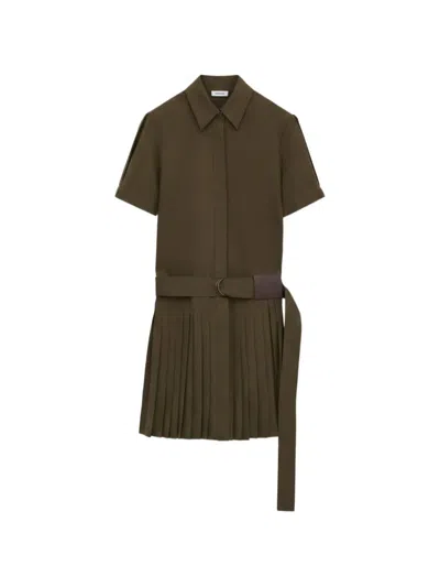 Loewe Womens Khaki Green Pleated Short-sleeve Cotton Blend Mini Dress