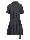 Loewe Structured Cotton-blend Gabardine Button-front Short Dress With Pleated Skirt And D-ring Belt In Black