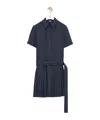 Loewe Structured Cotton-blend Gabardine Button-front Short Dress With Pleated Skirt And D-ring Belt In Blue