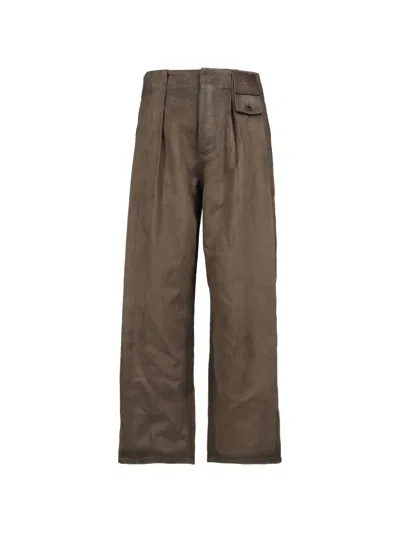 Loewe Pleated Logo-patch Trousers In Brown