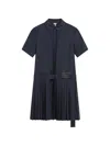 Loewe Structured Cotton-blend Gabardine Button-front Short Dress With Pleated Skirt And D-ring Belt In Blue