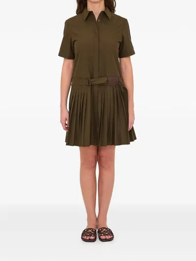 Loewe Womens Khaki Green Pleated Short-sleeve Cotton Blend Mini Dress