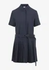 Loewe Structured Cotton-blend Gabardine Button-front Short Dress With Pleated Skirt And D-ring Belt In Blue