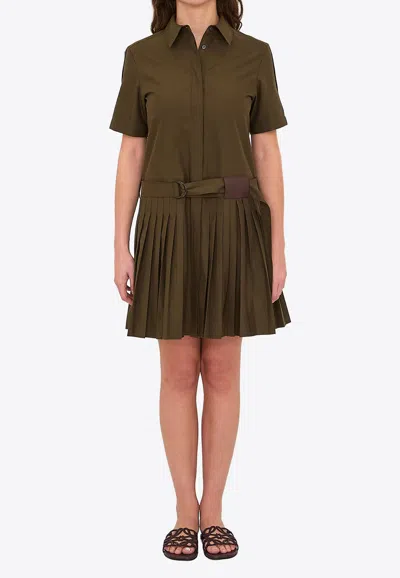 Loewe Pleated Mini Shirt Dress In Brown