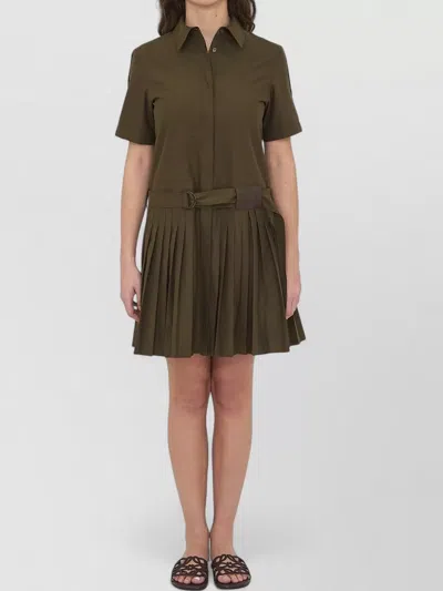 Loewe Womens Khaki Green Pleated Short-sleeve Cotton Blend Mini Dress