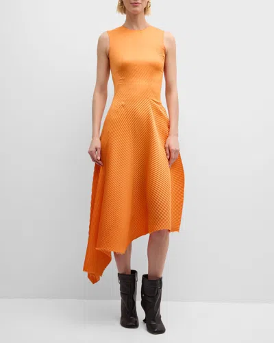 Loewe Pleated Sleeveless Asymmetric Midi Dress In Orange