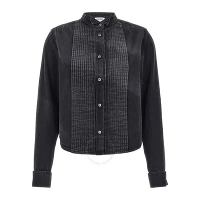 Loewe Pleated Bib Front Denim Cropped Shirt In Washed Black