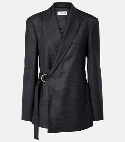 Loewe Prince Of Wales Check Wool Wrap Blazer In Gray