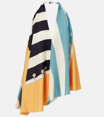 Loewe Printed Asymmetric Halterneck Silk Top In Blue
