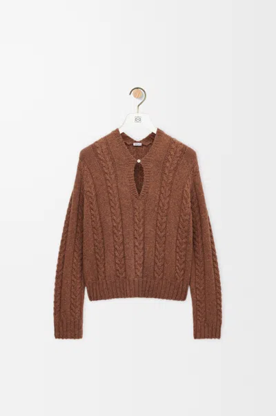 Loewe Womens Brown Keyhole Cable-knit Wool Jumper