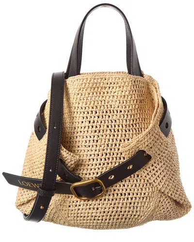 Loewe Punch Hole Shopper Mini Raffia & Leather Tote In Brown