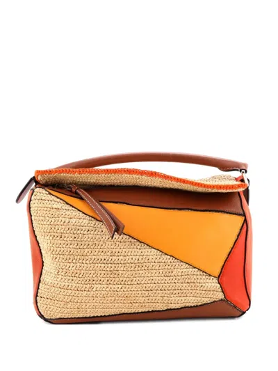 Pre-owned Loewe Puzzle Bag Leather And Raffia Medium Shoulder Bag In Multi