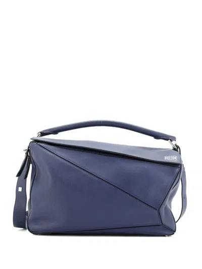 Pre-owned Loewe Puzzle Bag Leather Large Satchel In Blue