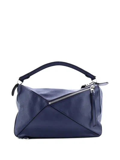 Pre-owned Loewe Puzzle Bag Leather Large Satchel In Blue