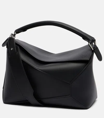 Loewe Puzzle Edge Medium Leather Tote Bag In Black