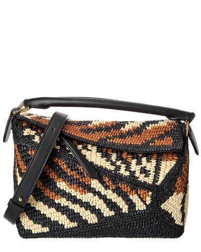 Loewe Puzzle Edge Small Raffia & Leather Shoulder Bag In Black