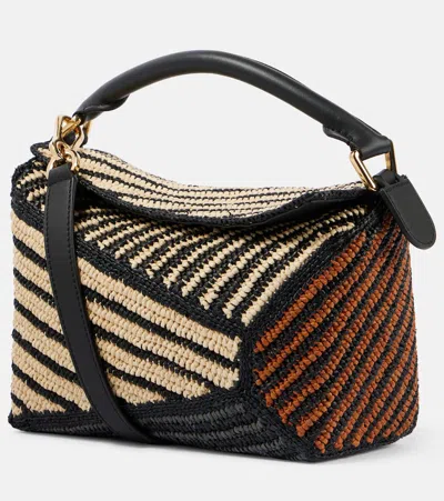Loewe + Paula's Ibiza Puzzle Edge Small Leather-trimmed Striped Raffia Tote In Natural/honey Gol