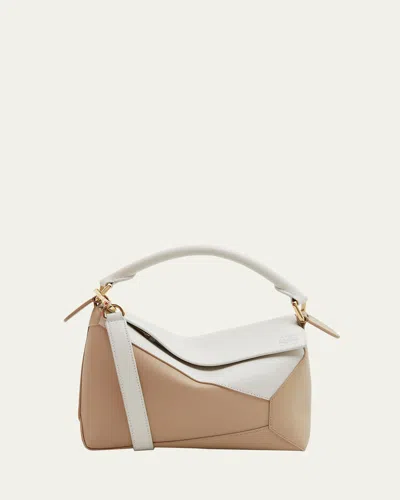 Loewe Puzzle Edge Small Top-handle Bag In Bicolor Leather In Soft White/paper Craft