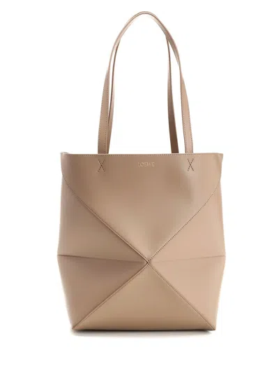 Loewe Puzzle Fold Tote Bag In Polished Calfskin In Nude & Neutrals