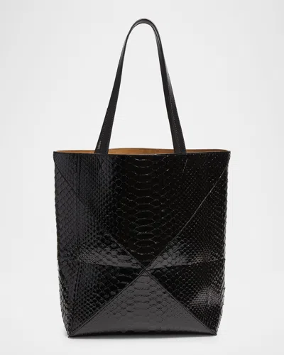 LOEWE PUZZLE FOLD LARGE PATENT PYTHON-EMBOSSED TOTE BAG