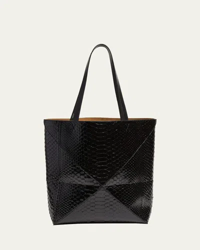 LOEWE PUZZLE FOLD LARGE PATENT PYTHON-EMBOSSED TOTE BAG