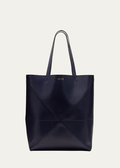 Loewe Puzzle Fold Large Tote Bag In Shiny Leather In Abyss Blue
