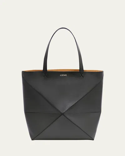 Loewe Puzzle Fold Large Tote Bag In Shiny Leather In Black